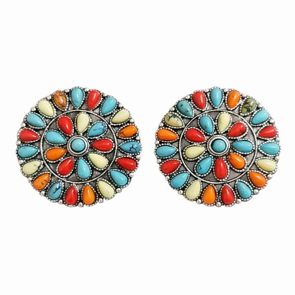 unbranded Jewelry - Southwestern Multicolor mosaic Stud Earrings Boho Turquoise Coral Look nwt gift